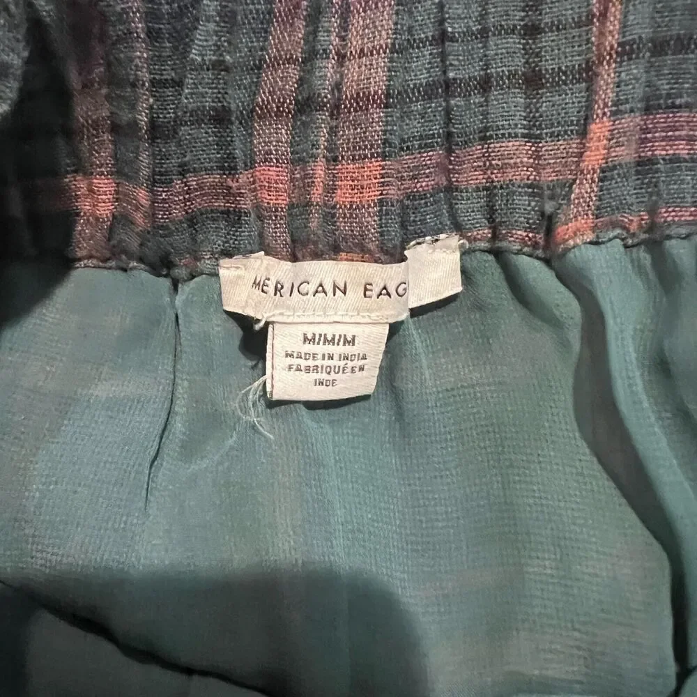 American Eagle‎ Womens Green Plaid Linen Blend Tie Shorts Sz M Heritage Academia